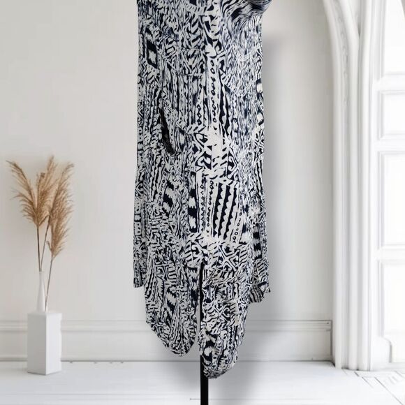 Tienda Ho Oversized Silk Midi Lagenlook Dress Navy Tribal Graphic Print Tunic - Picture 11 of 16